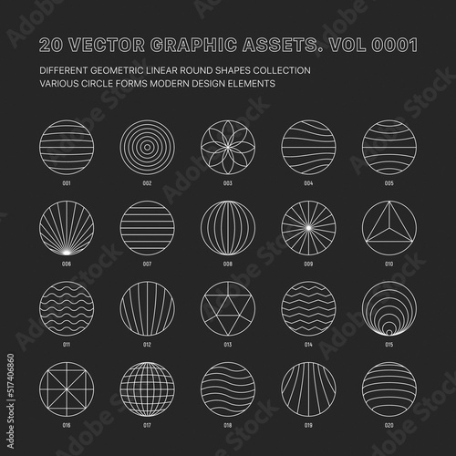 Vector Graphic Assets Various Outline Geometric Round Shapes Collection Isolate On Back. Different Circles Line Art Sacred Geometry Meta Modern Design Element Set. Conceptual Icons Trendy Illustration