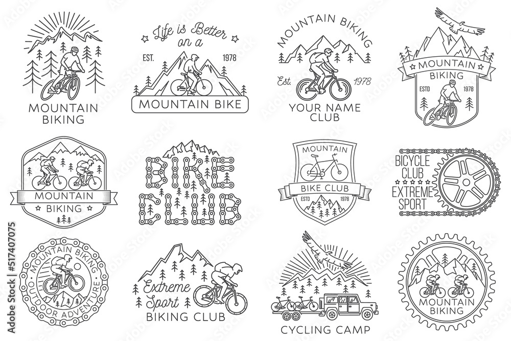 Set of Mountain biking badge, logo, patch. Vector illustration. Concept for shirt or logo, print, stamp or tee. Vintage line art design with man riding bike and mountain silhouette.