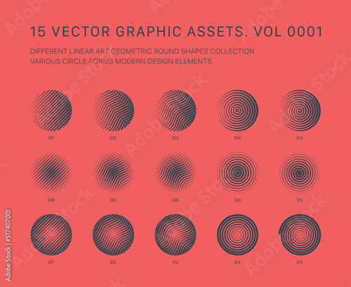 Vector Graphic Assets Various Linear Art Round Shapes Collection Isolate On Back. Different Circle Forms Modern Minimalist Design Elements Set. Experimental Style Abstract Symbols Trendy Illustration