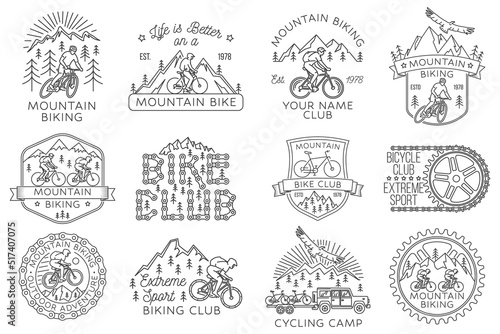Set of Mountain biking badge, logo, patch. Vector illustration. Concept for shirt or logo, print, stamp or tee. Vintage line art design with man riding bike and mountain silhouette.