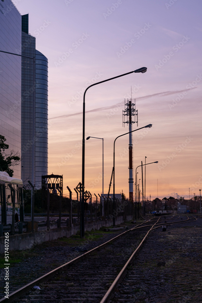 sunset over train rails Buenos Aires, Argentina