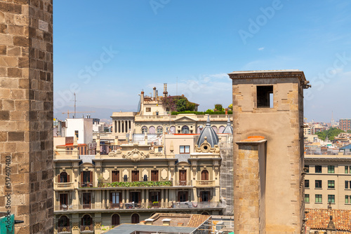 Canvas Print View of a rooftop garden, apartments and the skyline of Barcelona, Spain, from the terrace of the Barcelona, Cathedral