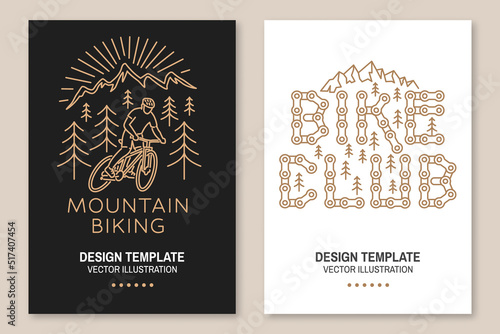 Set of Mountain biking flyer, brochure, banner, poster. Vector illustration. Concept for shirt or logo, print, stamp or tee. Vintage line art design with man riding bike and mountain silhouette.