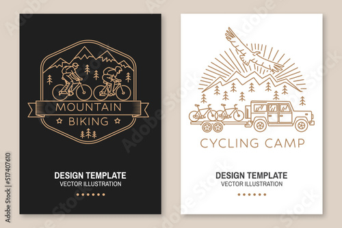 Set of Mountain biking flyer, brochure, banner, poster. Vector illustration. Concept for shirt or logo, print, stamp or tee. Vintage line art design with man riding bike and mountain silhouette.