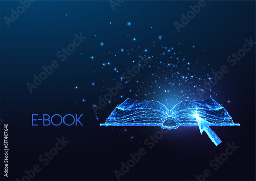 E-book, digital library, online learning concept with futuristic open book and arrow pointer
