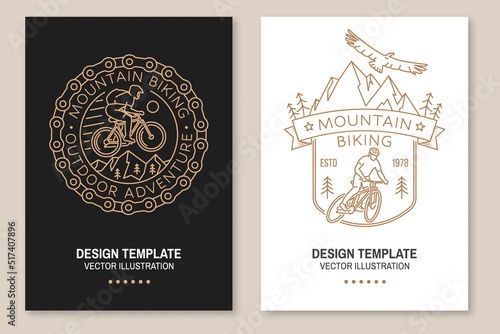 Set of Mountain biking flyer, brochure, banner, poster. Vector illustration. Concept for shirt or logo, print, stamp or tee. Vintage line art design with man riding bike and mountain silhouette.