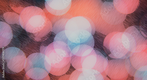 Abstract multicolored bokeh circles with crosshatched pattern texture . Christmas holiday concept pastel colored glowing, aged, dirty look light bokehs background. 