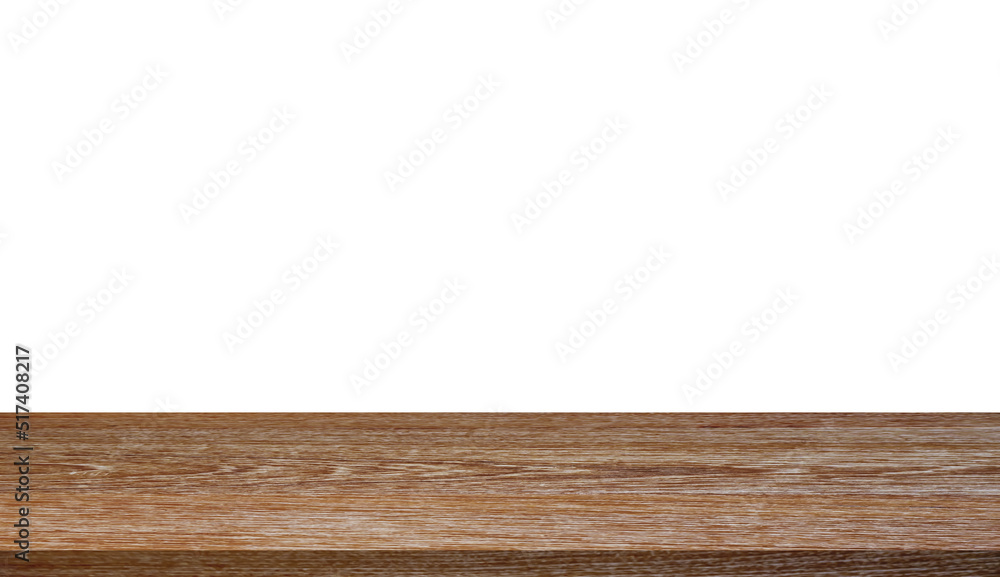 empty wooden table top isolated on white background, Use for display for montage of product and leave space for replace of your background.