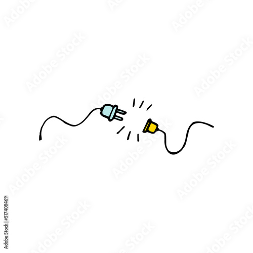 Electric socket with a plug. Concept of 404 error connection. Electric plug and outlet socket unplugged. Wire, cable of energy disconnect, vector, page, hand drawn, not found, system, updates