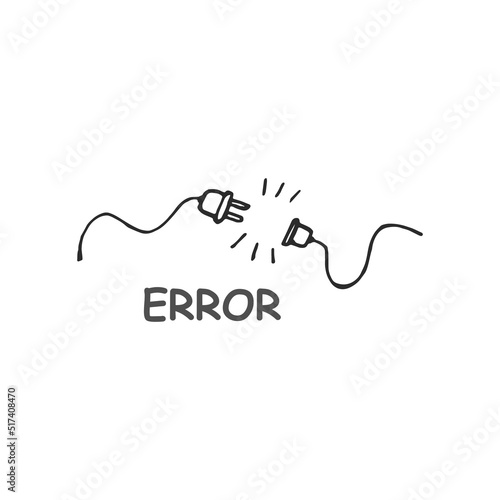 Electric socket with a plug. Concept of 404 error connection. Electric plug and outlet socket unplugged. Wire, cable of energy disconnect, vector, page, hand drawn, not found, system, updates