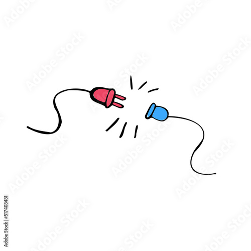 Electric socket with a plug. Concept of 404 error connection. Electric plug and outlet socket unplugged. Wire, cable of energy disconnect, vector, page, hand drawn, not found, system, updates