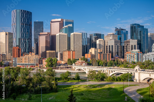 Summer views of Calgary Alberta along the Bow River.
