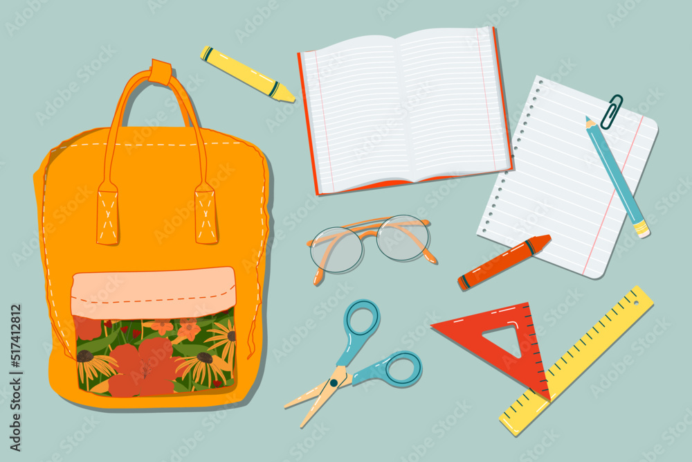 Backpack, crayons, pencils, glasses, scissors and note book on a table. Trendy top down view illustration. Autumn atmosphere. Modern cartoon hand drawn group of things design for web card, banner. Backpack, crayons, pencils, glasses, scissors and note book on a table. Trendy top down view illustration. Autumn atmosphere. Modern cartoon hand drawn group of things design for web card, banner.