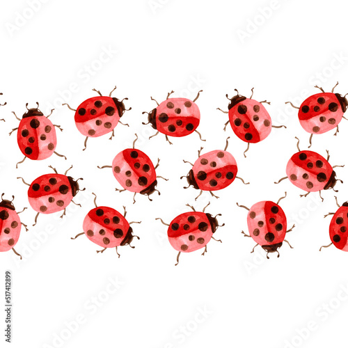 Pattern watercolor illustration with ladybirds with red color and dots  © mimibubu