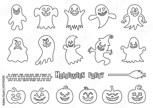 Halloween pumpkin and ghost coloring set vector illustration. Comic book style imitation