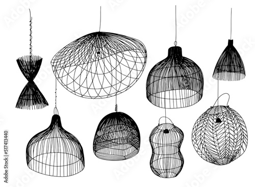Set of doodle style rattan lamps. Vector black and white illustration for creating a logo for an interior design studio or lighting studio.