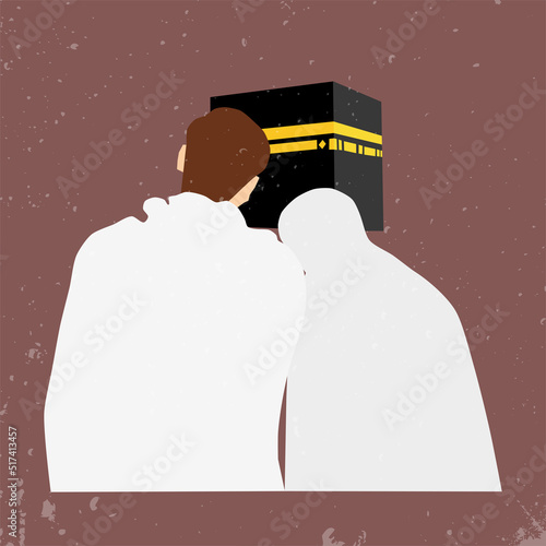 Muslim couple is doing Islamic hajj pilgrimage to Kaaba. Man and woman wearing Ihram clothes performing Hajj or Umrah Pilgrimage. Flat style vector illustration