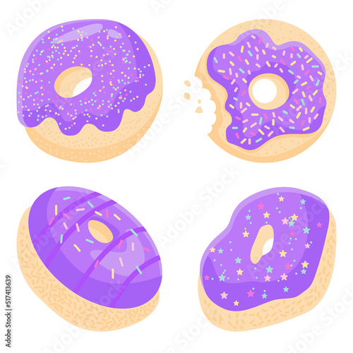 Donuts set with glazed and colorful sprinkles. Vector illustration