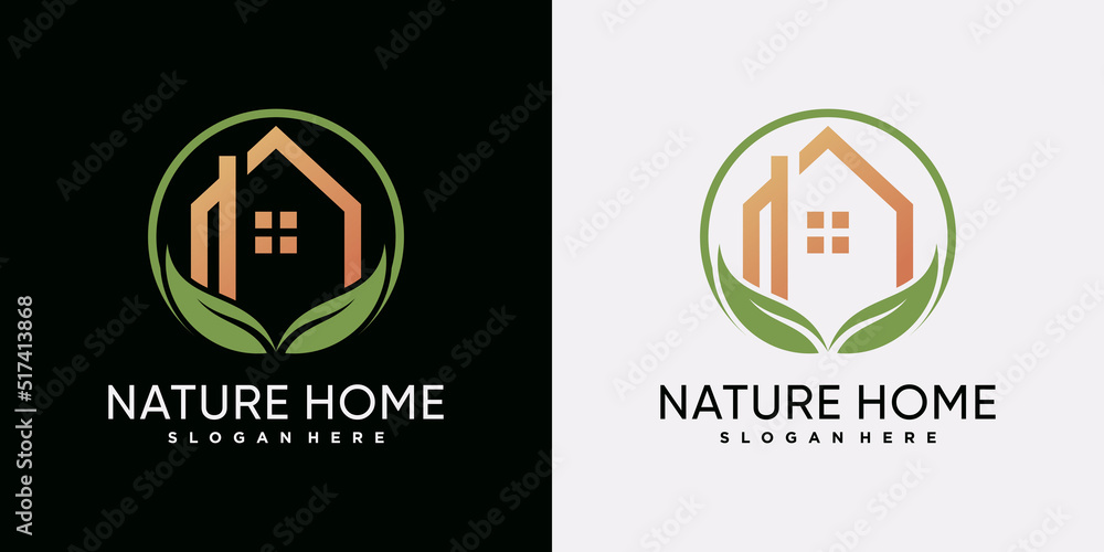 Nature house logo design template with green leaf and creative element