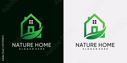 Nature house logo design template with green leaf and creative element