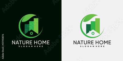 Nature house logo design template with green leaf and creative element