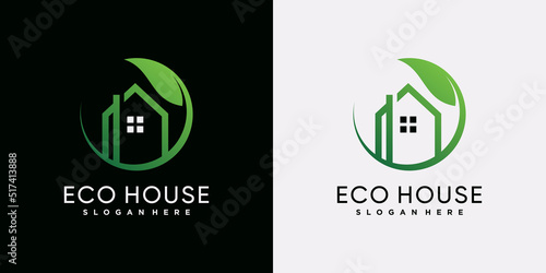 Eco house logo icon template with green leaf and creative element