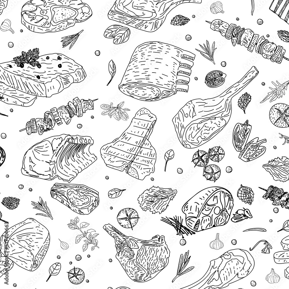 Meat seamless pattern. Beef, pork, lamb. Hand -drawn vector illustration. Carved style. Food menu background. Sketch illustration.