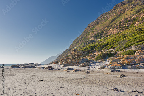 Copyspace landscape view of the rocky coast of Western Cape in South Africa. Beautiful scenery on the seashore at the beach during summer in a popular tourist city. Natural environment of the ocean