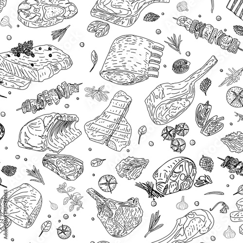 Meat seamless pattern. Beef, pork, lamb. Hand -drawn vector illustration. Carved style. Food menu background. Sketch illustration.