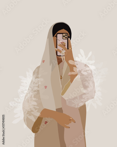 Fashion arabic muslim woman in hijab and abaya. Stylish islamic model in hijab. Illustration of a young arab emirati woman in traditional dress. Avatar of stylish muslim woman for social network
