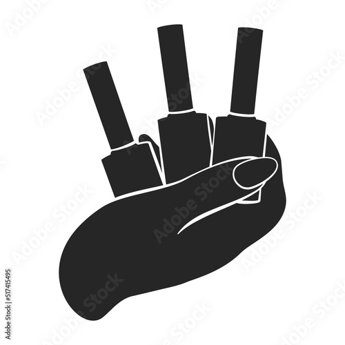 Female hand holding a set of three nail polish bottles as a black fill vector