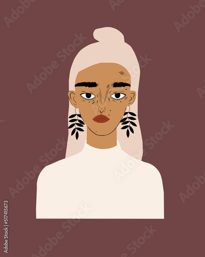 Abstract female portrait. Trendy beautiful young women face. Pretty blonde girl with floral earrings. Avatar for a social network. Vector fashion poster. Vector illustration in flat cartoon style