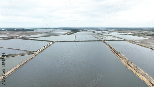 Pools for raising shrimp, shrimp industry in Peru. Aerial view of a commercial prawn farm project