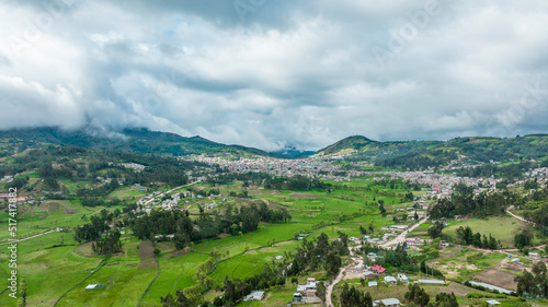 Aerial photo of green fields and the city of Cutervo, Cajamarca, Peru.