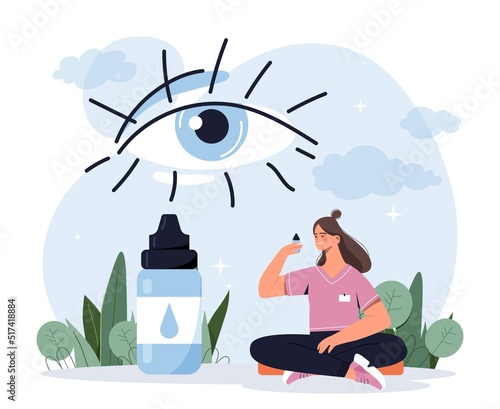 Ophthalmology and medicine. Young smiling woman occultist picks up drops for treatment of eye diseases and vision correction. Health care and consultation with doctor. Cartoon flat vector illustration