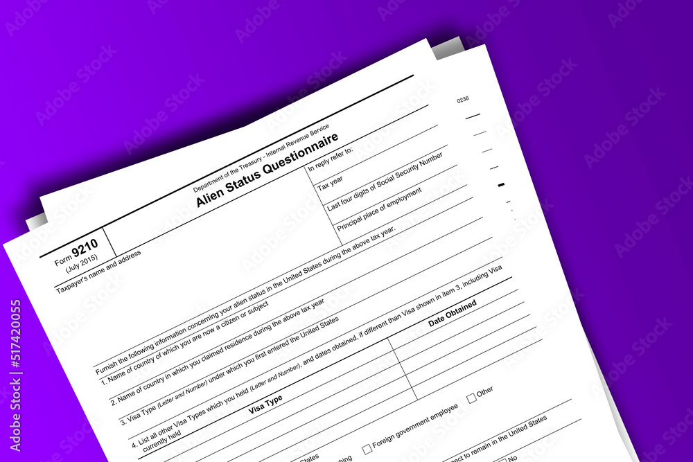 Form 9210 documentation published IRS USA 42286. American tax document on colored Form 9210 documentation published IRS USA 42286. American tax document on colored