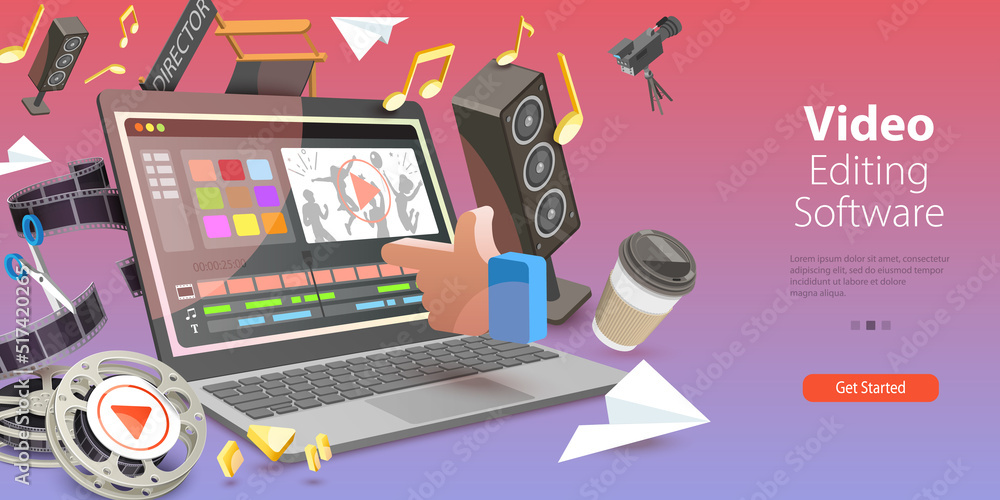 3D Vector Conceptual Illustration of Video Editing Software, Motion ...