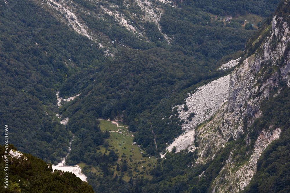 View From Prehodci Mountain pass to the Valley and Spring of River Tolminka - Triglav National Park Slovenia