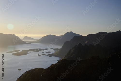 Panorama of the Lofoten mountains in the rays of the midnight sun