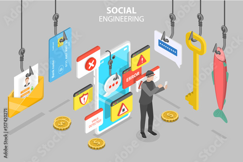 3D Isometric Flat Vector Conceptual Illustration of Social Engineering, Cyber Crime