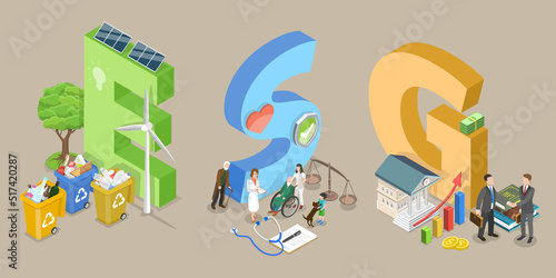 3D Isometric Flat Vector Conceptual Illustration of ESG as Environmental, Social and Governance, Corporate Sustainability Performance
