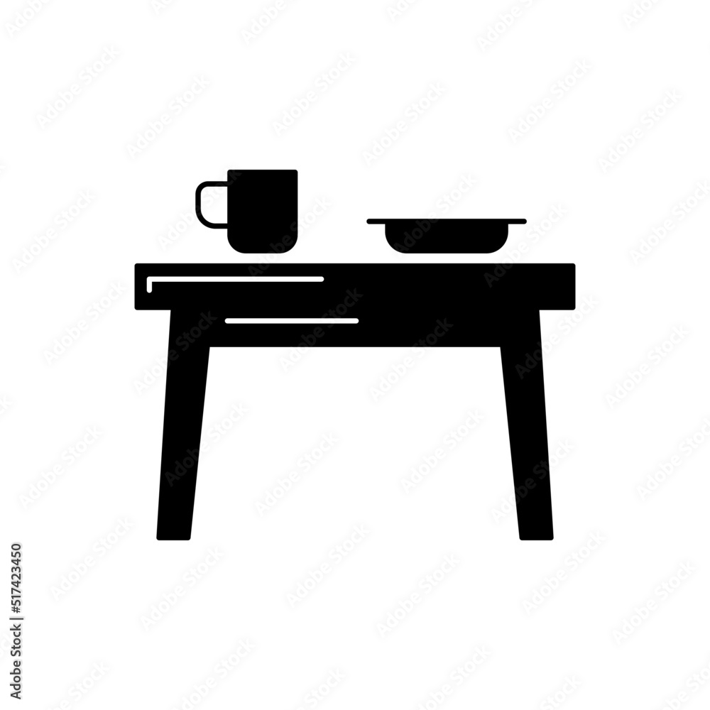 dining table, table with cup and plate icon in black flat glyph, filled style isolated on white background dining table, table with cup and plate icon in black flat glyph, filled style isolated on white background