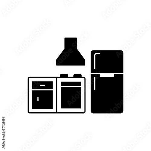 Kitchen interior icon in black flat glyph, filled style isolated on white background