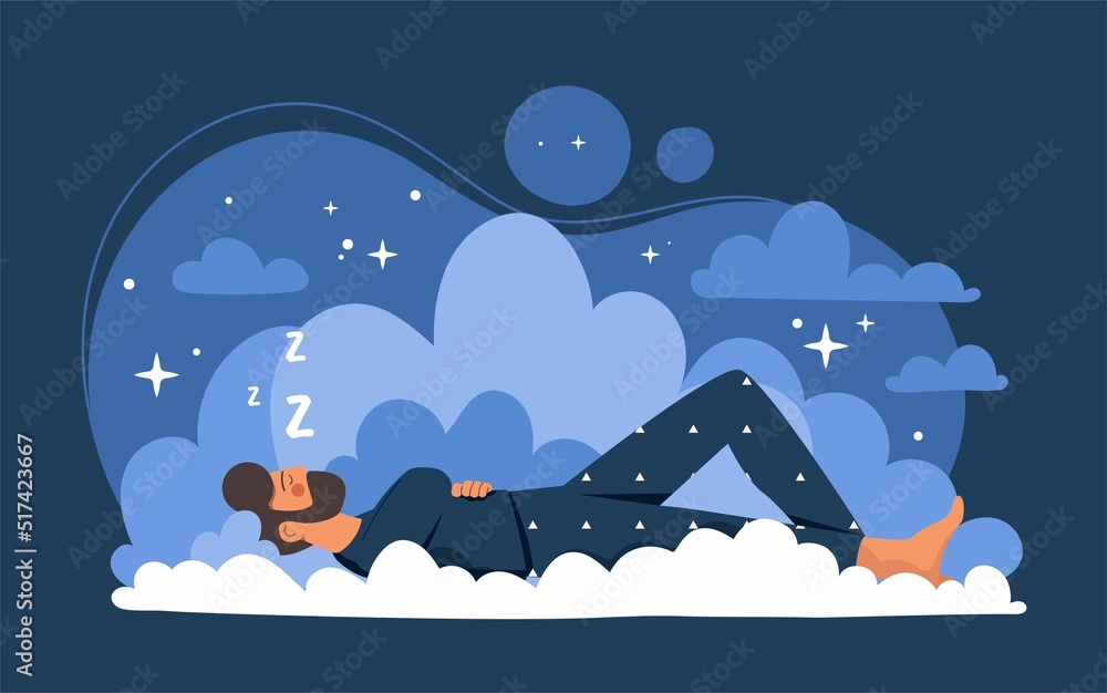 Peaceful sleep concept. Man lies on clouds, metaphor for comfortable