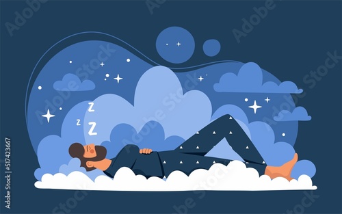 Peaceful sleep concept. Man lies on clouds, metaphor for comfortable bed. Comfort and cosiness in apartment. Rest and recuperation. Fantasy and imagination, dreams. Cartoon flat vector illustration photo