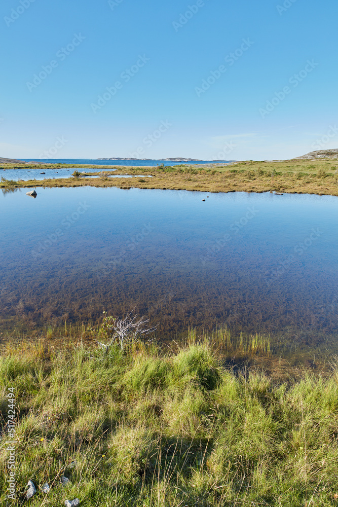 Scenic view of a river flowing through a swamp and leading to the ocean in Norway. Landscape view of blue copy space sky and a marshland. Overflow of water flooding a field after the rainy season