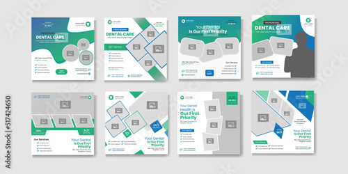 Medical health or dental clinic social media post template bundle. Healthy teeth social media post, banner set.  Healthcare center social media post template. web banner advertising.