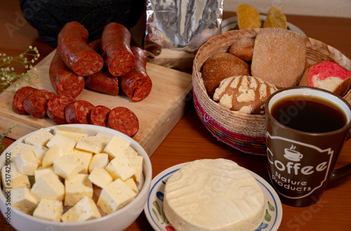 Some Méxican food Stuff, traditional bread, cheese, chorizo and coffe 