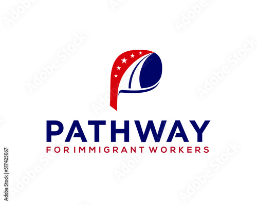 Letter P and road logo concept five star p logo america color red and dark blue