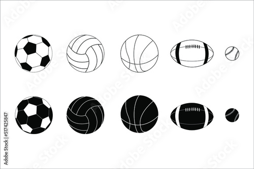 sports Balls  baseball  basketball  volleyball  rugby  soccer ball  outline Illustration Vector